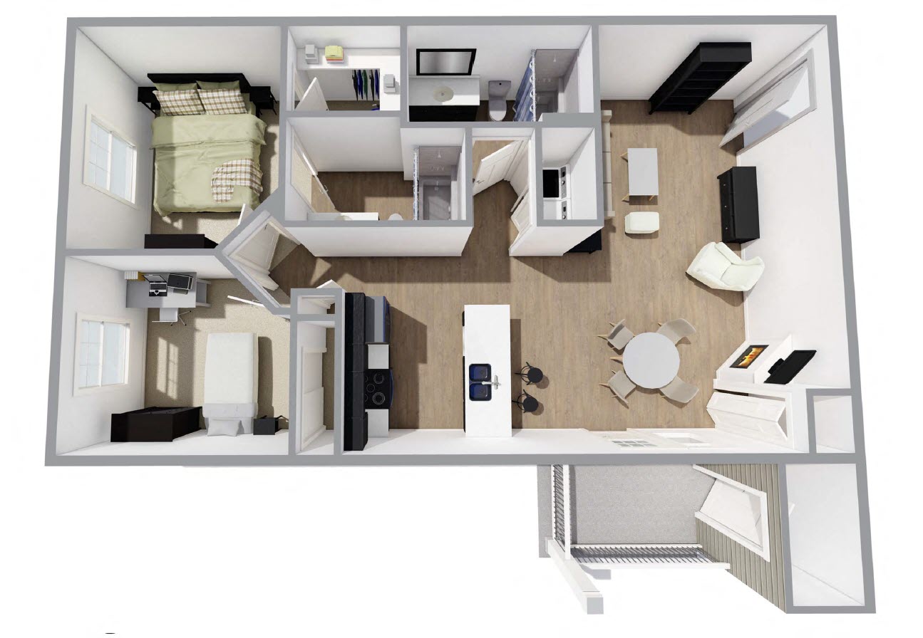 Floor plan for 2 beds, 2 baths, 1008 sqft